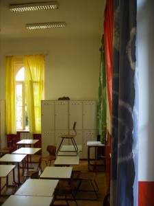 classroom curtains coloured by students