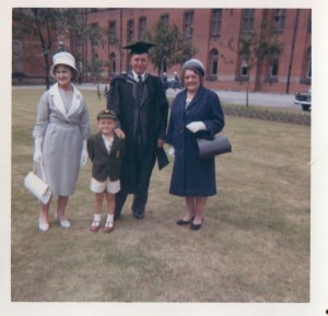 Auntie Nancy and Gran , me at 3 and Dad getting his MA degree! Birmingham University 1960