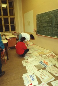students painting posters to communicate with the wider public in one of the classrooms I taught in at Palacky University Olomouc